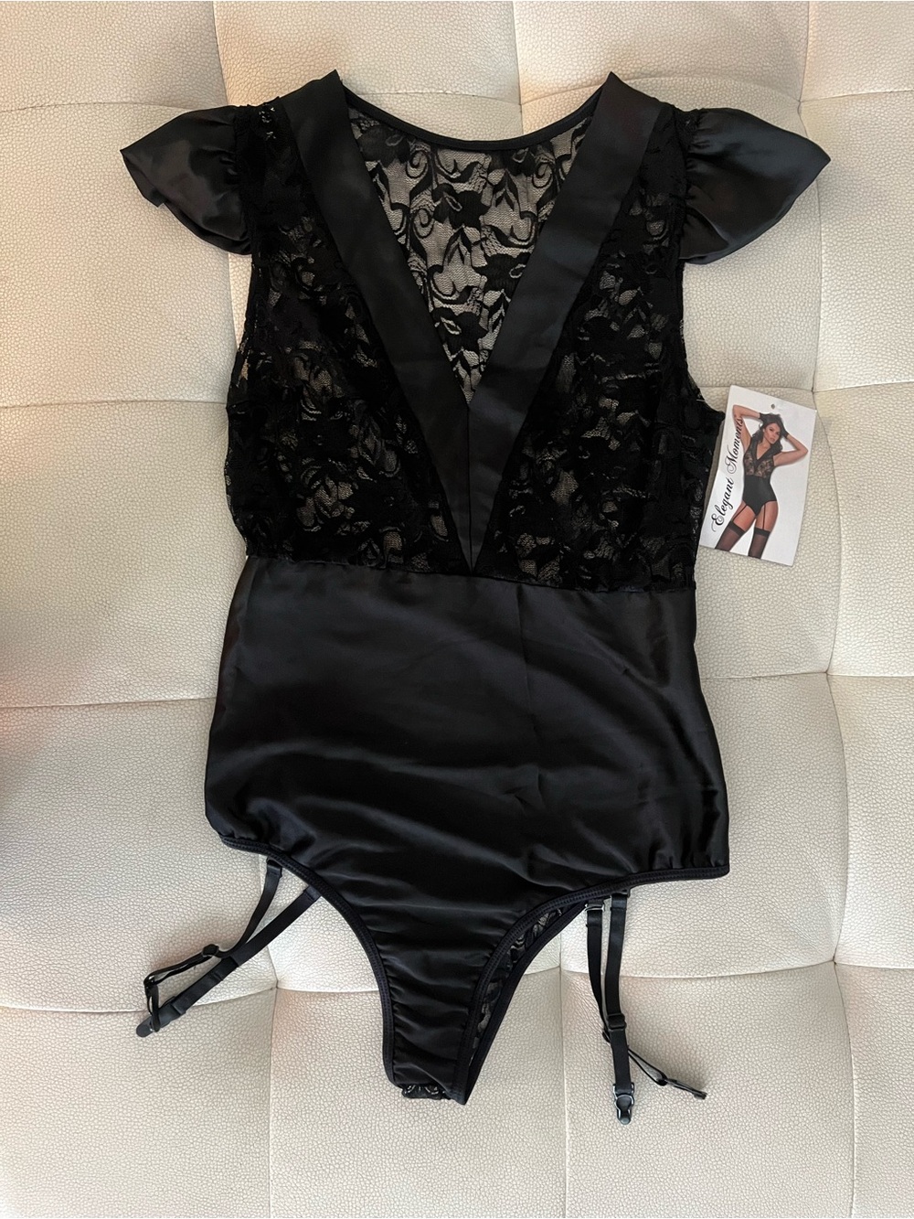 Elegant Moments Black Lace & Satin Garter Bodysuit lingerie  sz S